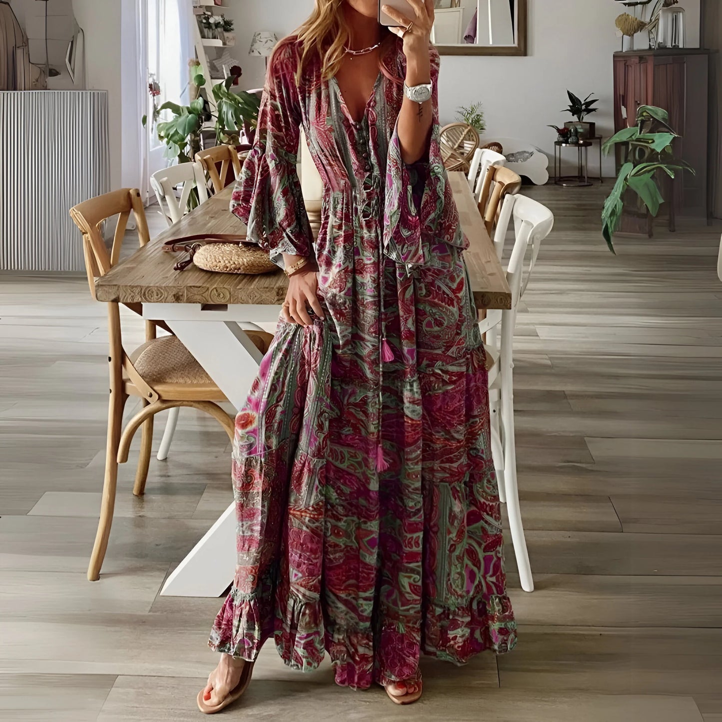 Léontine - Sukienka w stylu boho z rozkloszowanymi rękawami i kwiatowym wzorem