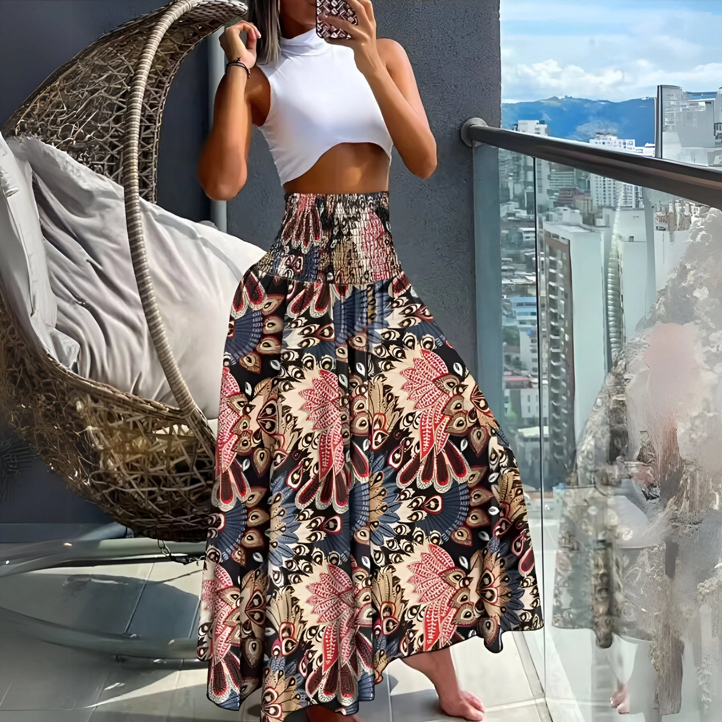 Amélina - Spódnica z wysokim stanem i elastyczną talią w stylu boho w kwiaty
