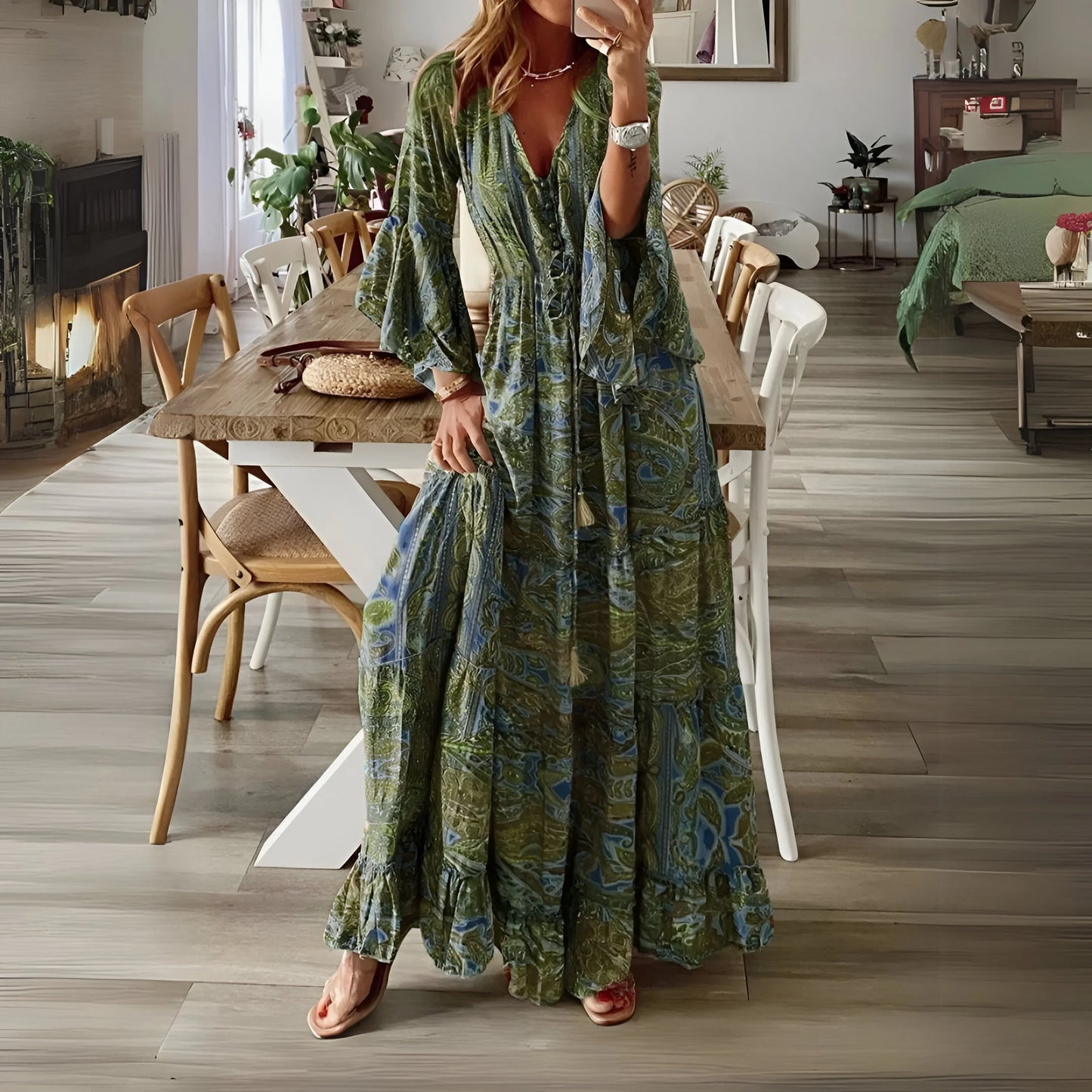 Léontine - Sukienka w stylu boho z rozkloszowanymi rękawami i kwiatowym wzorem