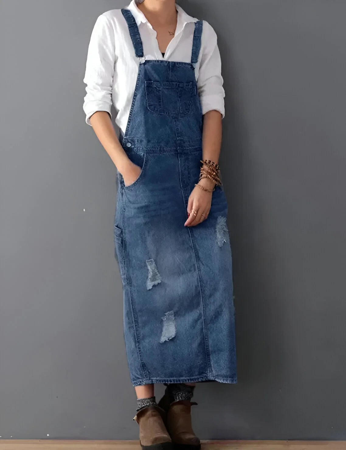 Aurélie - Damska sukienka z denimu w stylu spranego kombinezonu