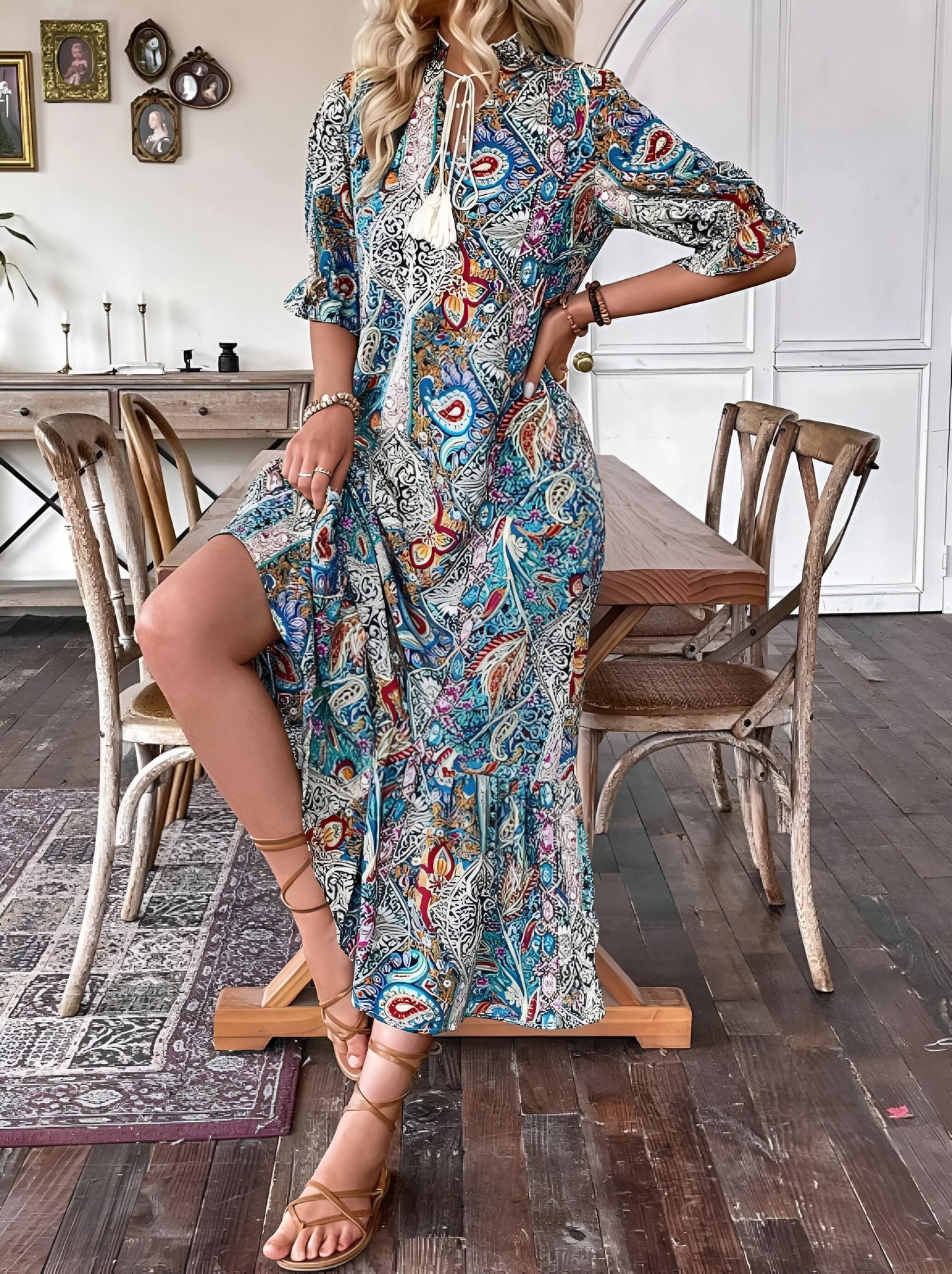 Florine - Sukienka midi z nadrukiem w stylu boho na wakacje
