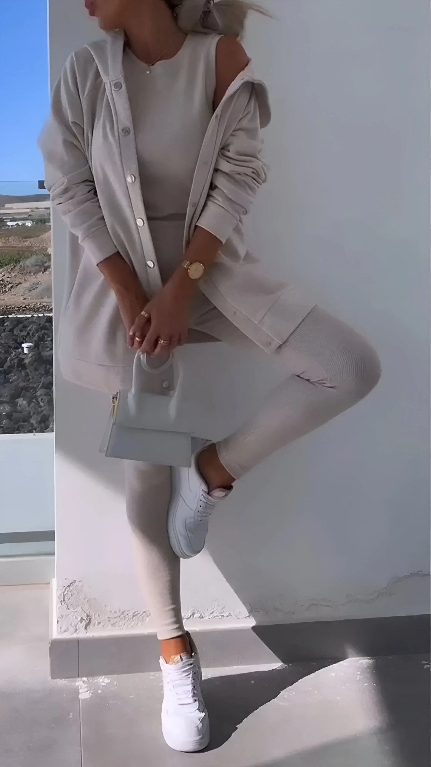 Fanny - Casualowy kardigan z kapturem, trzyczęściowy komplet