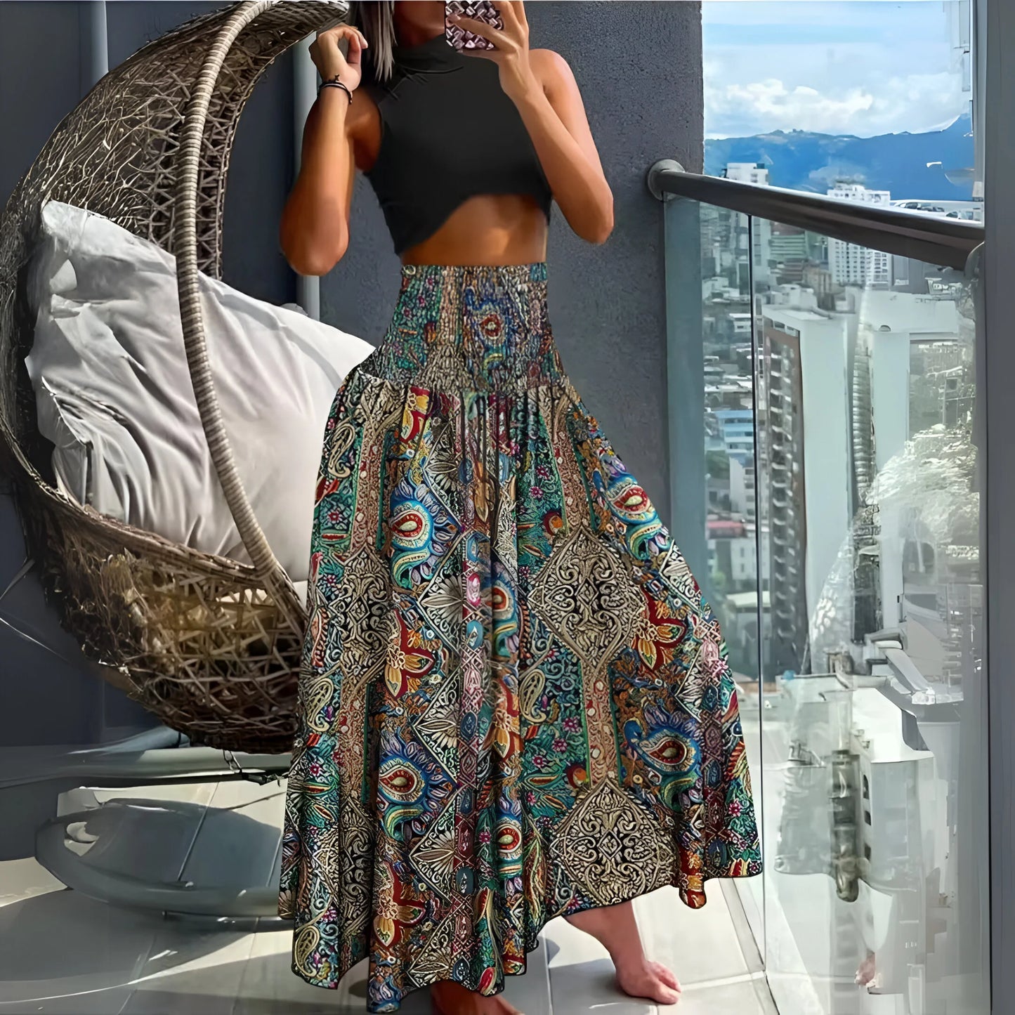 Amélina - Spódnica z wysokim stanem i elastyczną talią w stylu boho w kwiaty