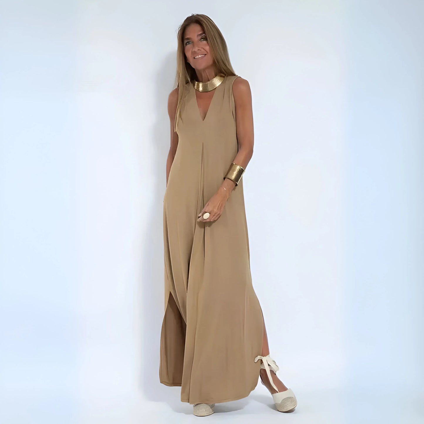 Noémie – Drapowana sukienka maxi z pasującym kardiganem