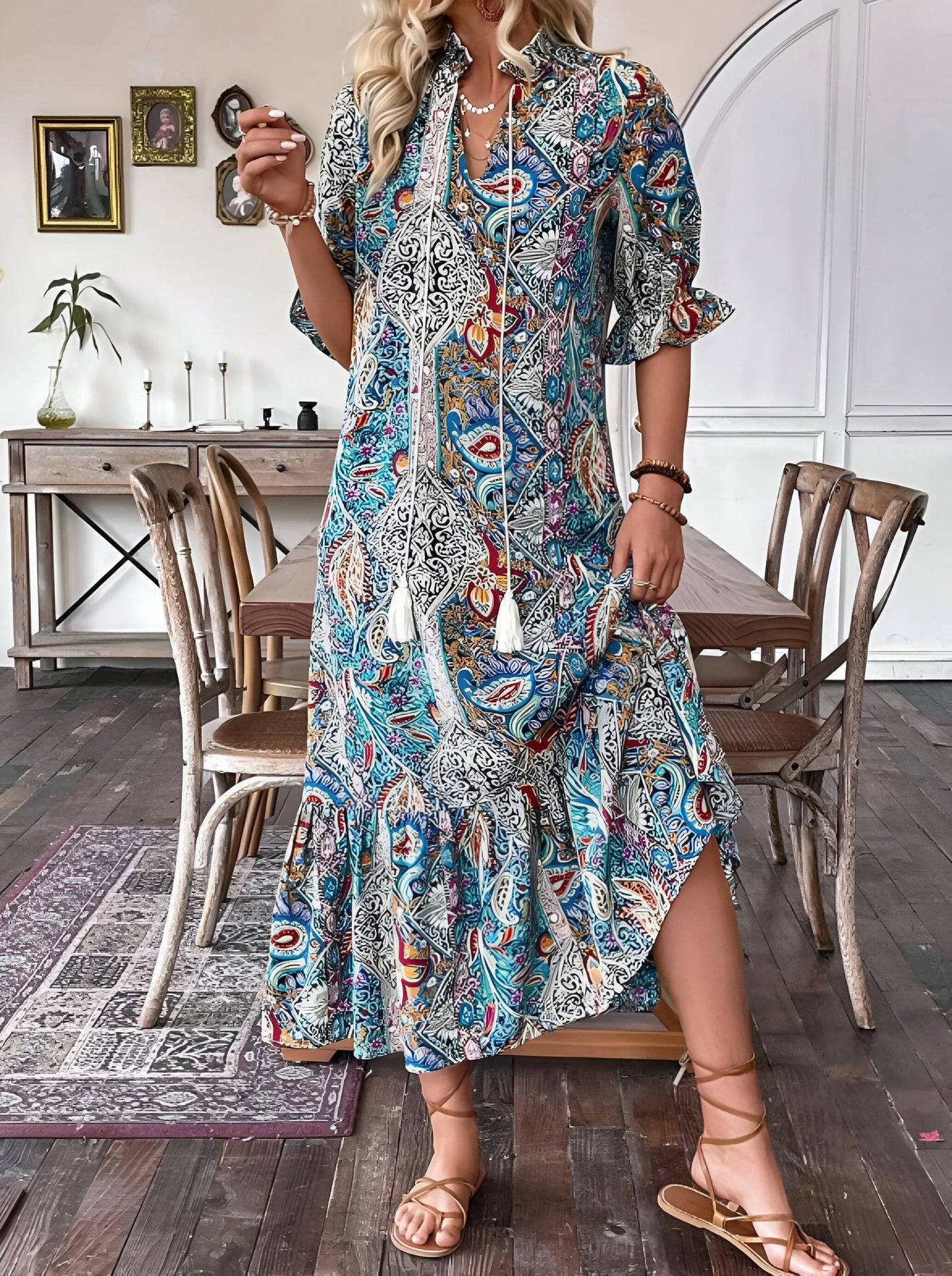 Florine - Sukienka midi z nadrukiem w stylu boho na wakacje