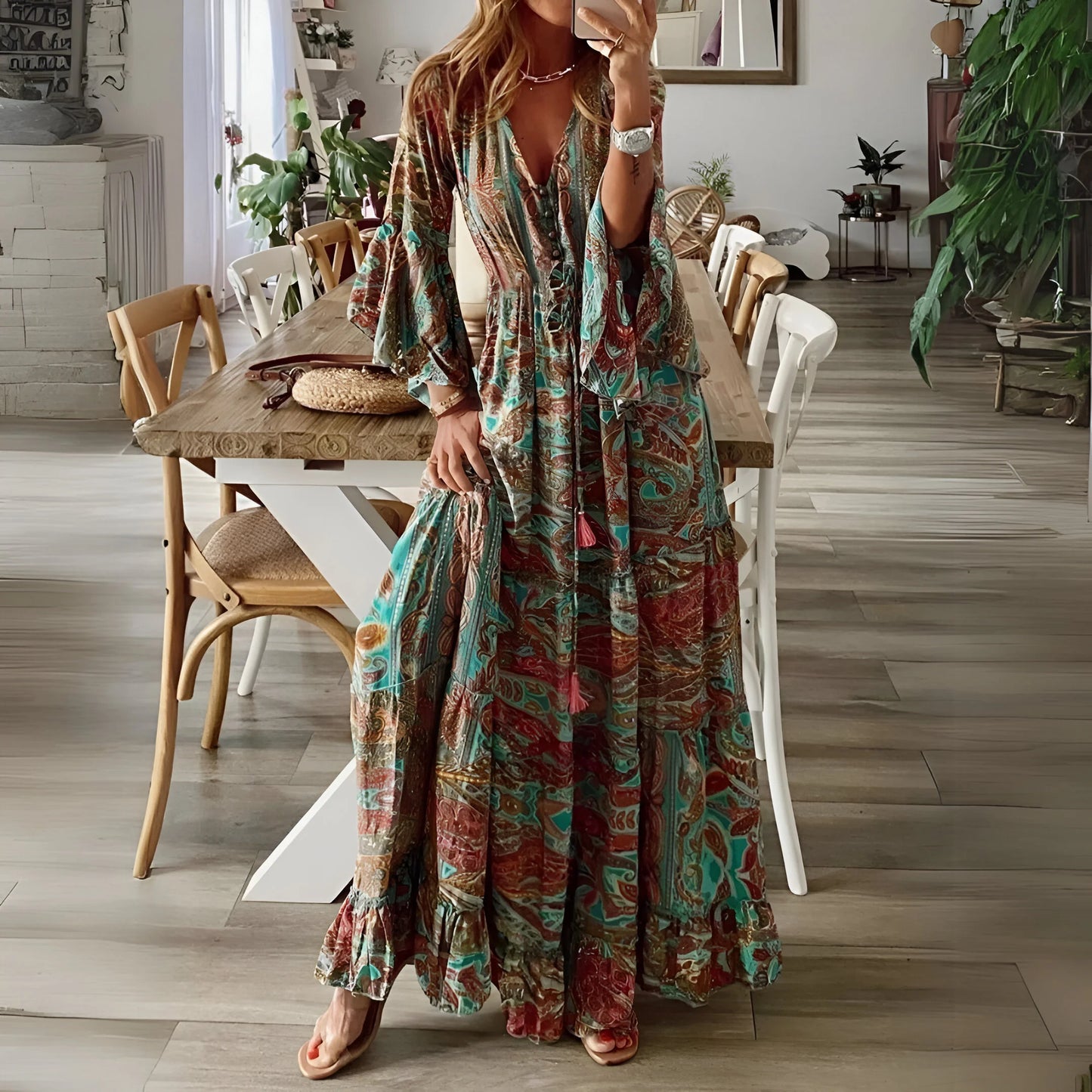 Léontine - Sukienka w stylu boho z rozkloszowanymi rękawami i kwiatowym wzorem