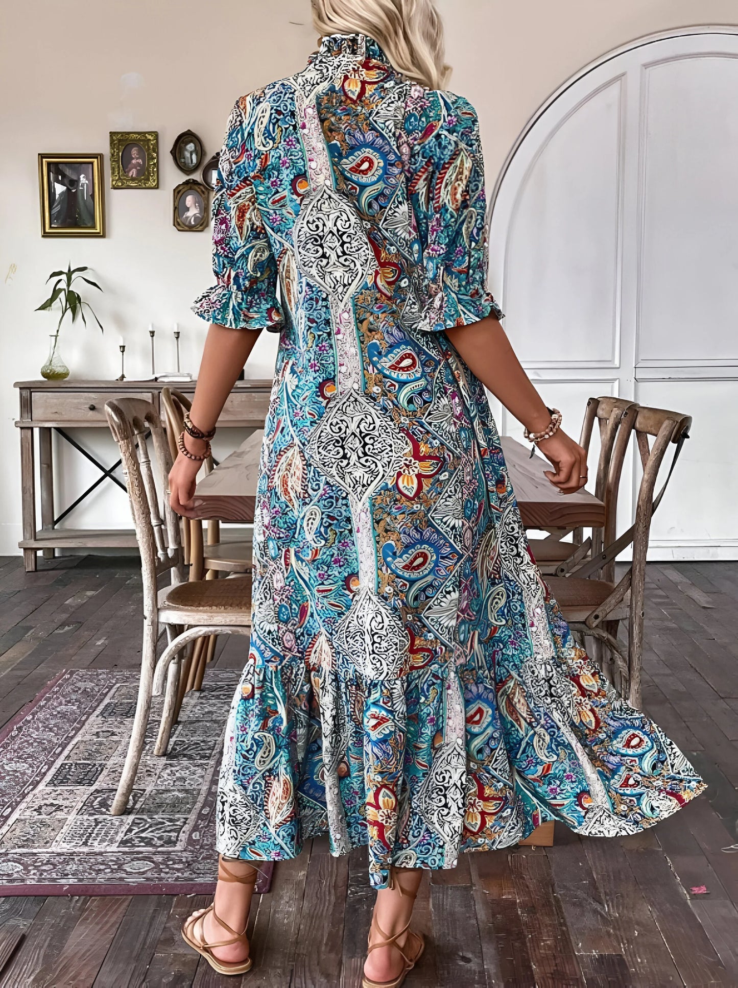 Florine - Sukienka midi z nadrukiem w stylu boho na wakacje