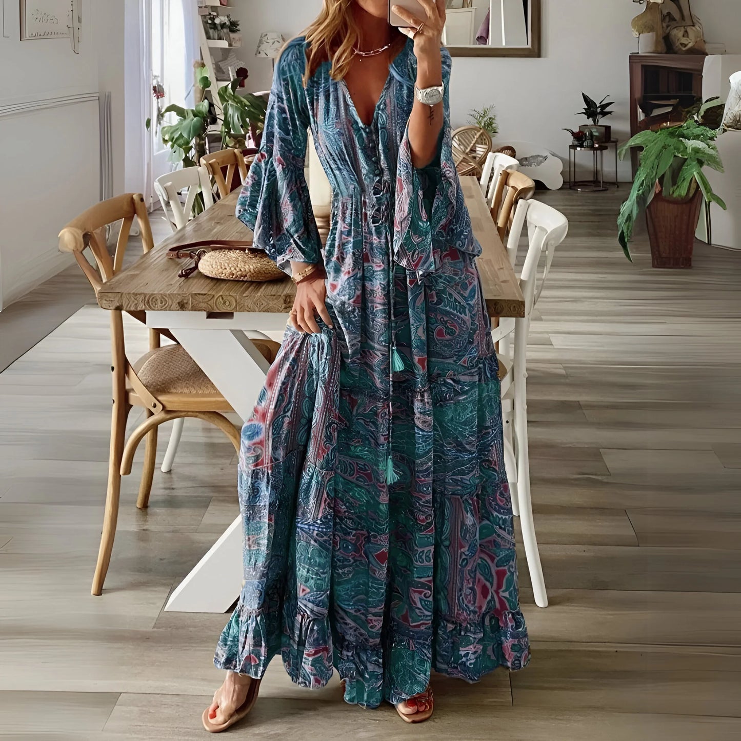 Léontine - Sukienka w stylu boho z rozkloszowanymi rękawami i kwiatowym wzorem