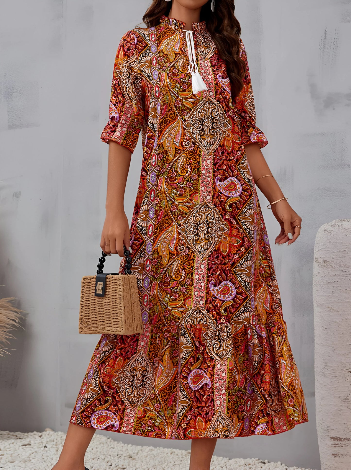 Florine - Sukienka midi z nadrukiem w stylu boho na wakacje