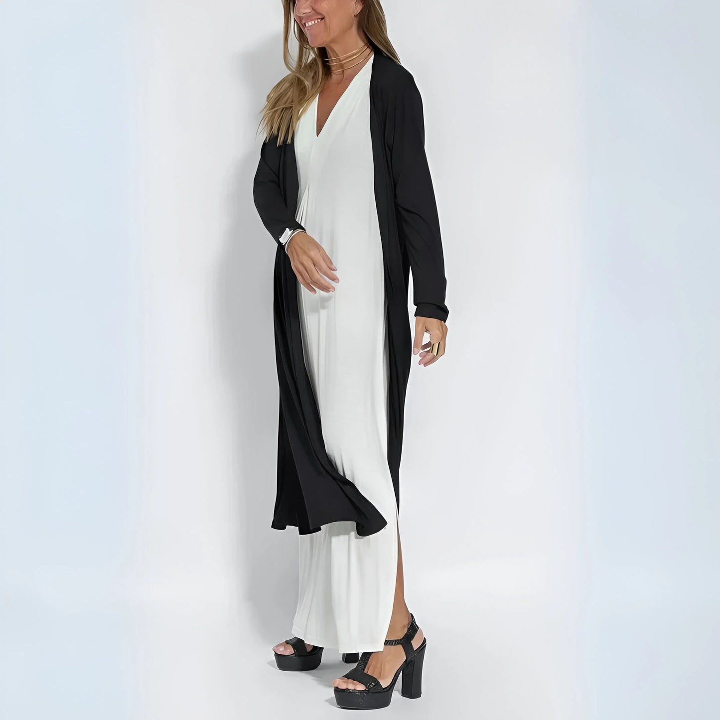 Noémie – Drapowana sukienka maxi z pasującym kardiganem
