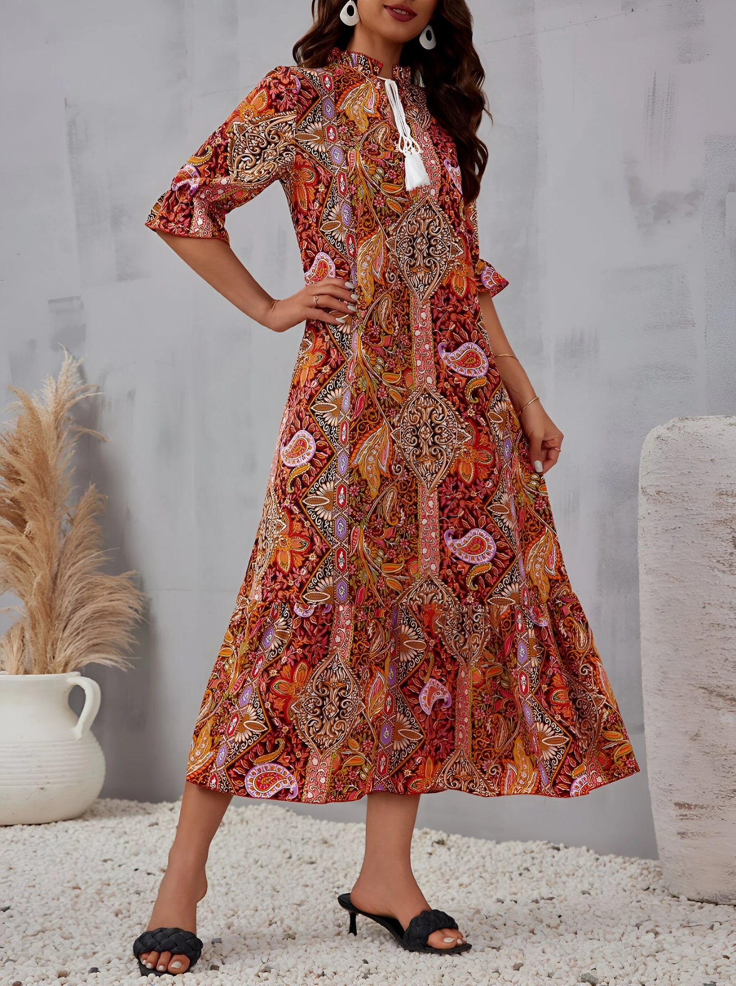 Florine - Sukienka midi z nadrukiem w stylu boho na wakacje