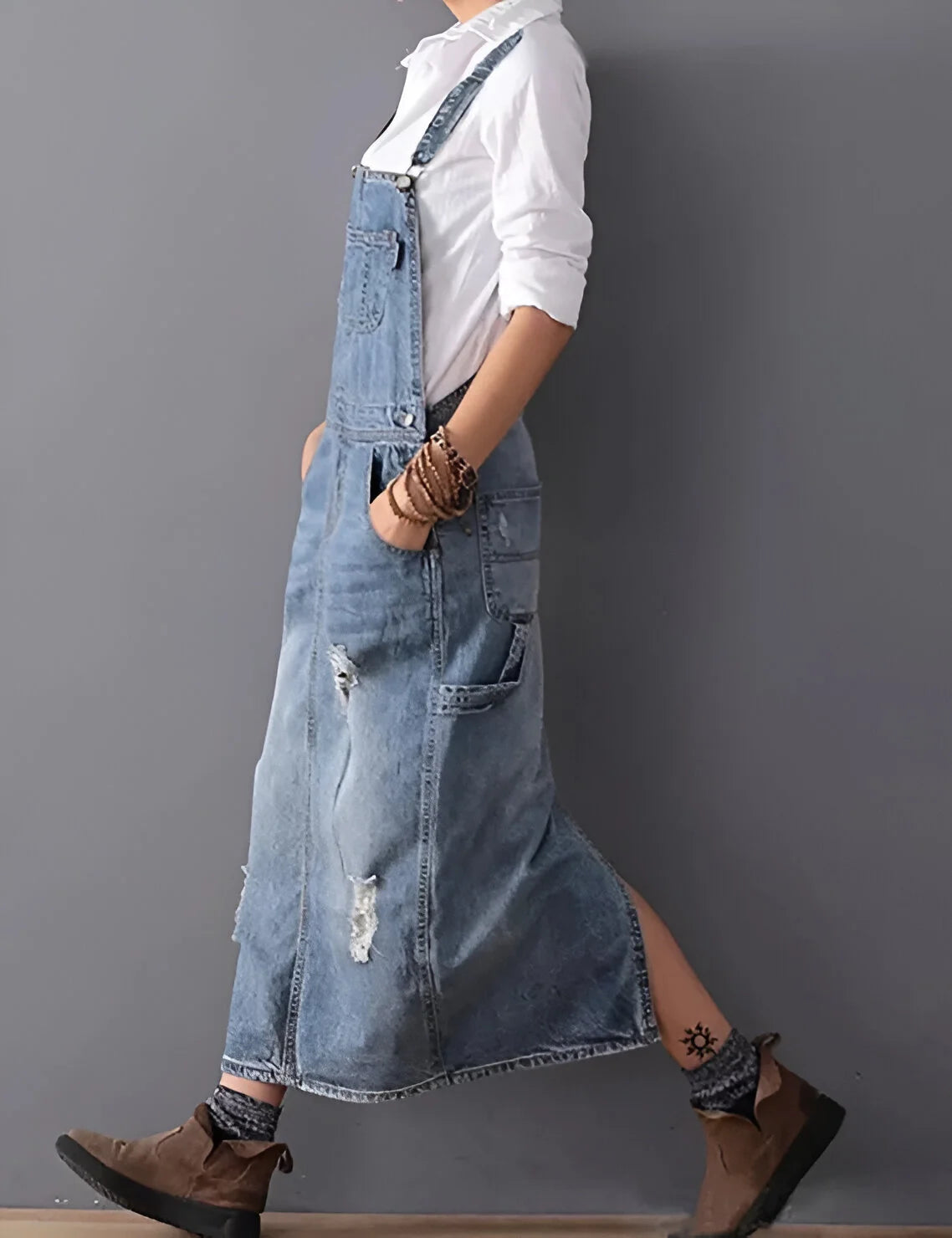Aurélie - Damska sukienka z denimu w stylu spranego kombinezonu
