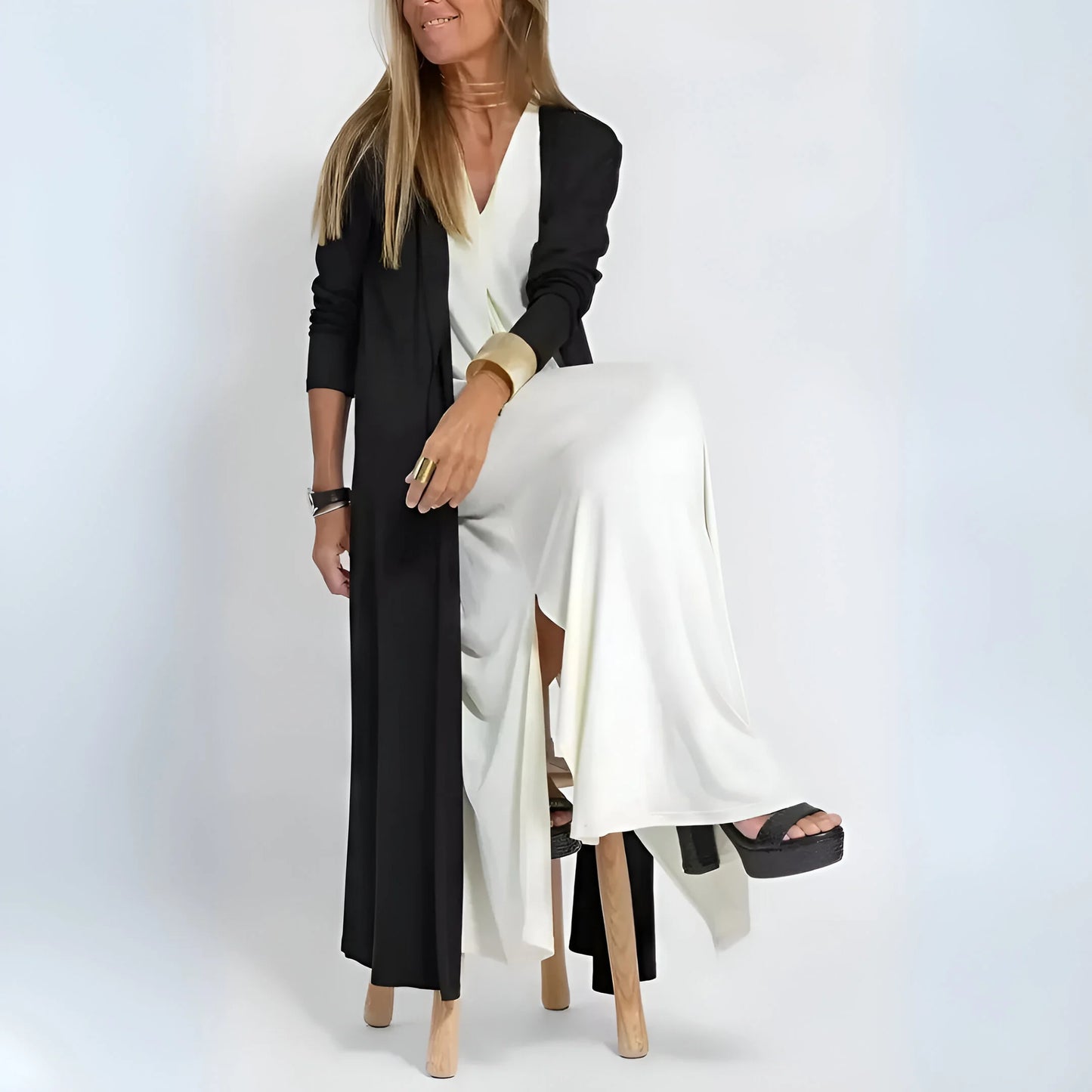 Noémie – Drapowana sukienka maxi z pasującym kardiganem