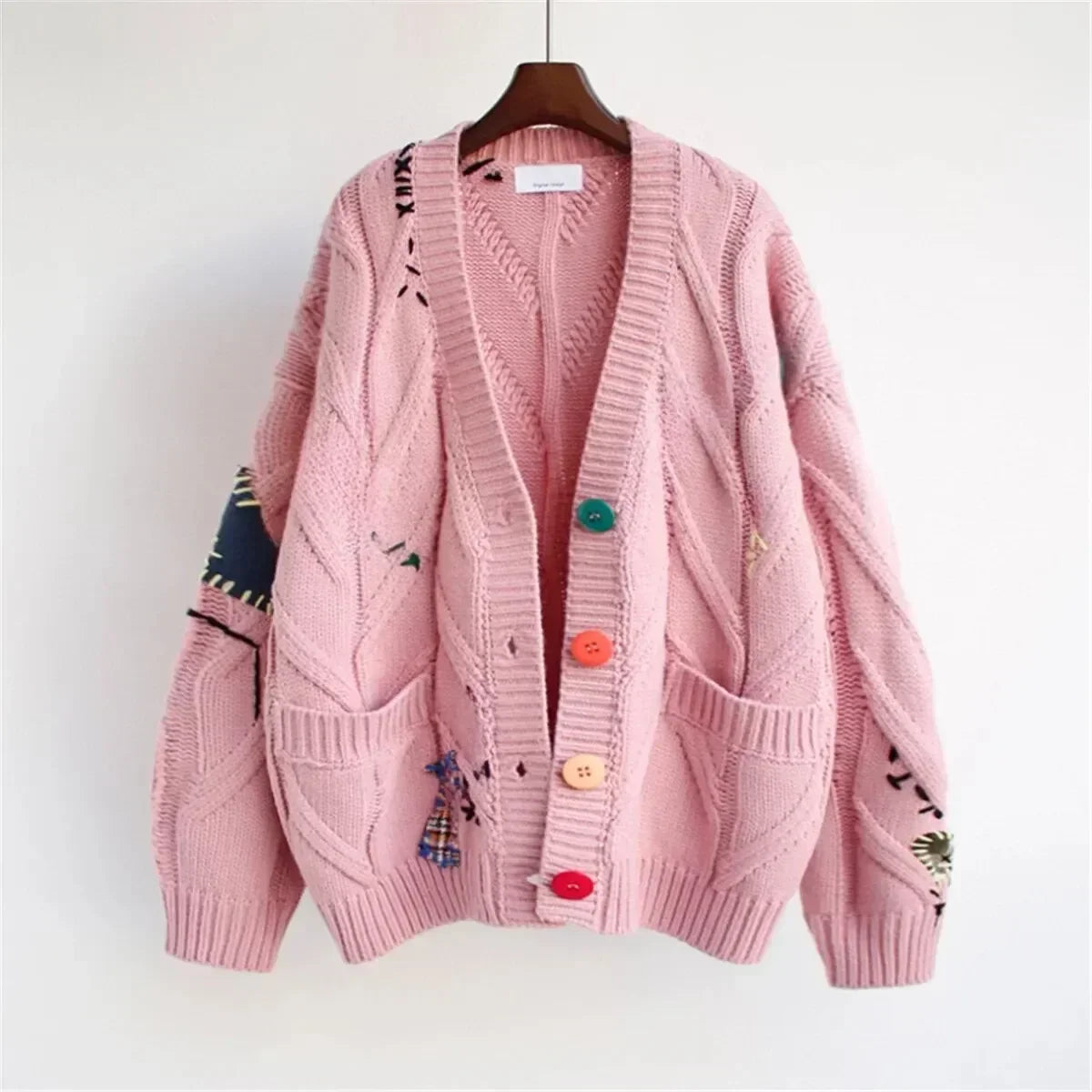 Vigdis - Sweter Patchworkowy z Haftem
