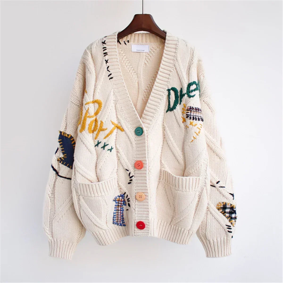 Vigdis - Sweter Patchworkowy z Haftem