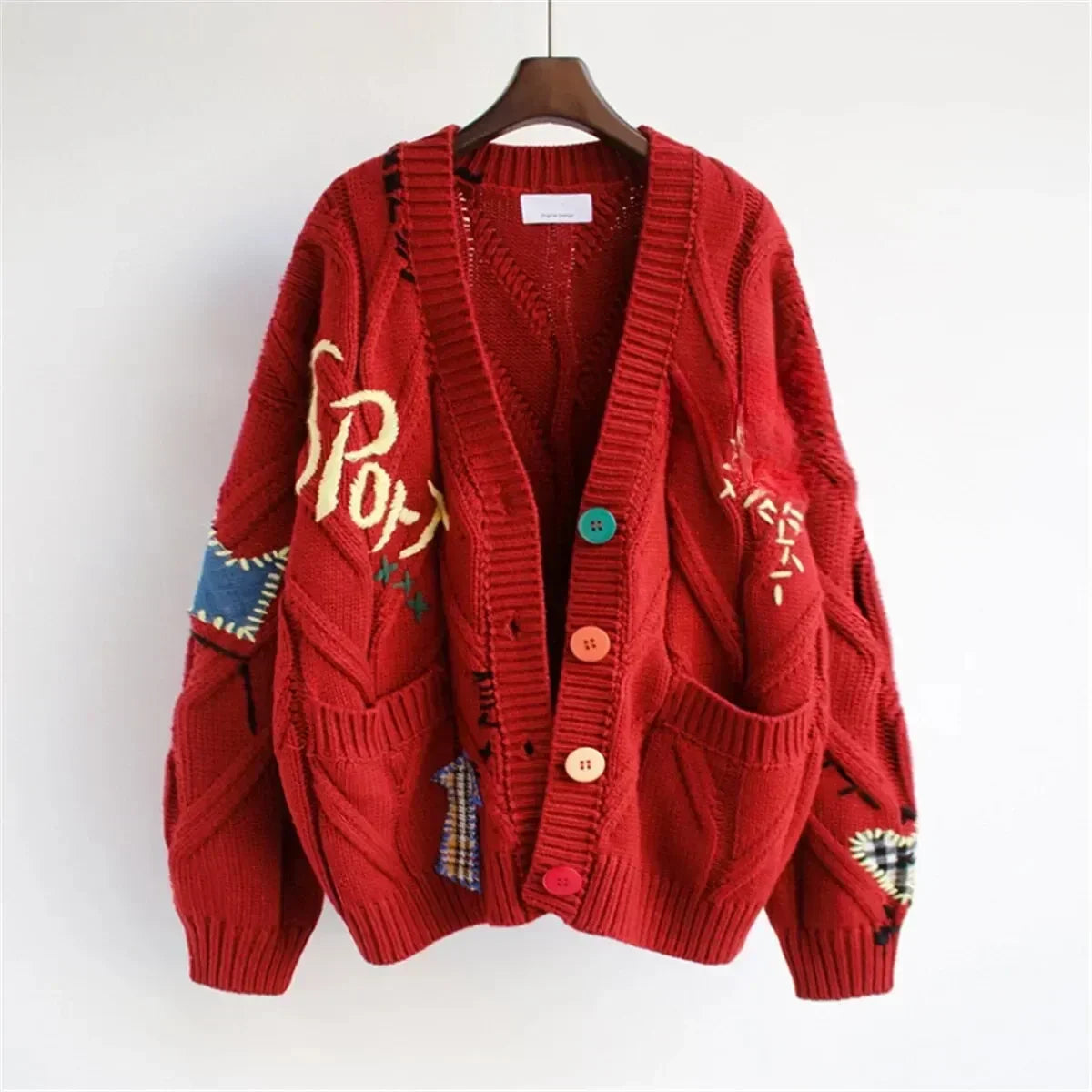 Vigdis - Sweter Patchworkowy z Haftem