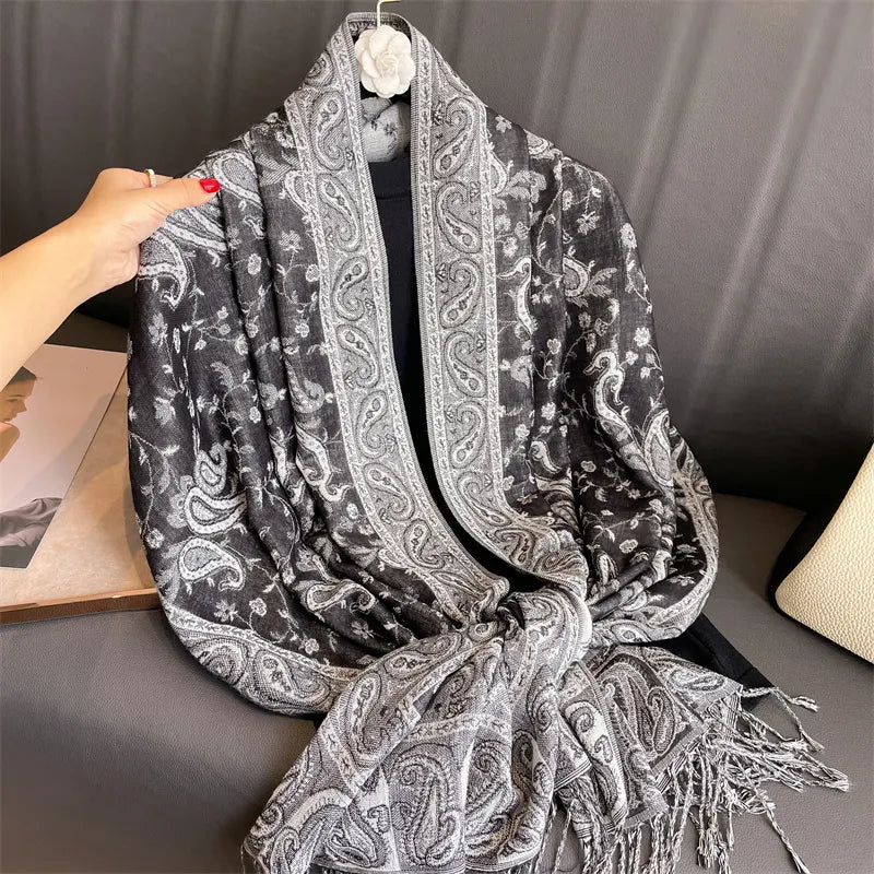 Luna-2025 Haftowany szal z kaszmiru Pashmina – ciepły, stylowy i elegancki