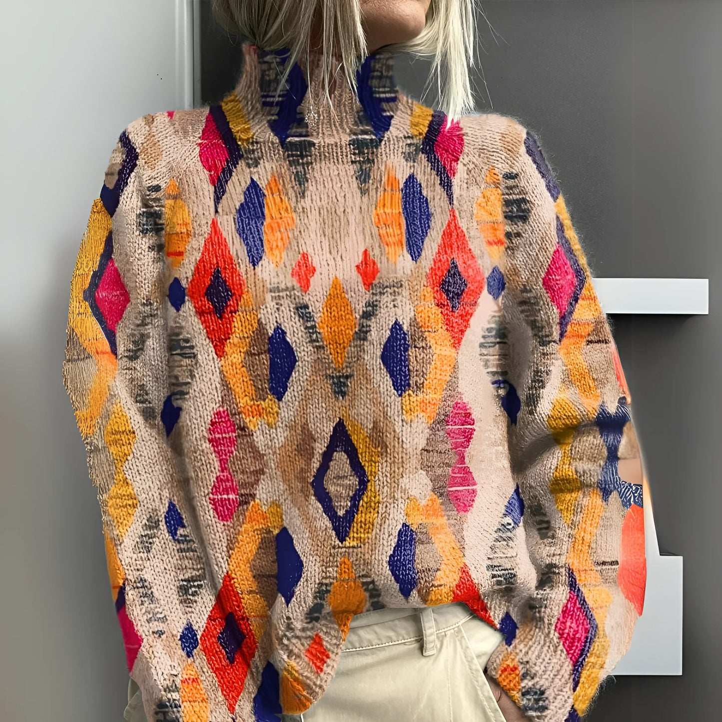 Fenna - Dzianinowy sweter z golfem w geometryczną kratkę