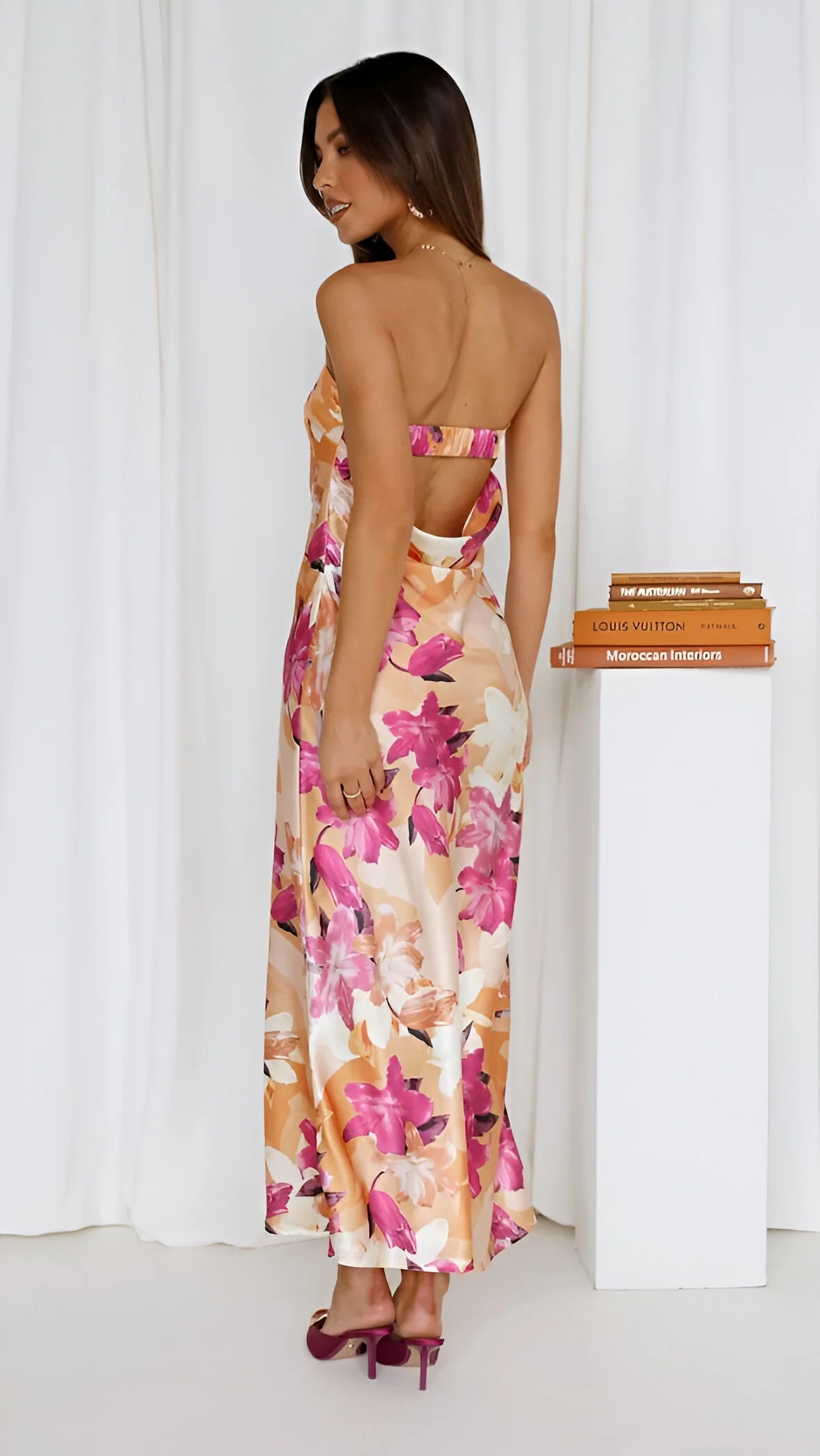Violette - Floral Printed Backless Satin Dress