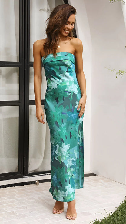 Violette - Floral Printed Backless Satin Dress