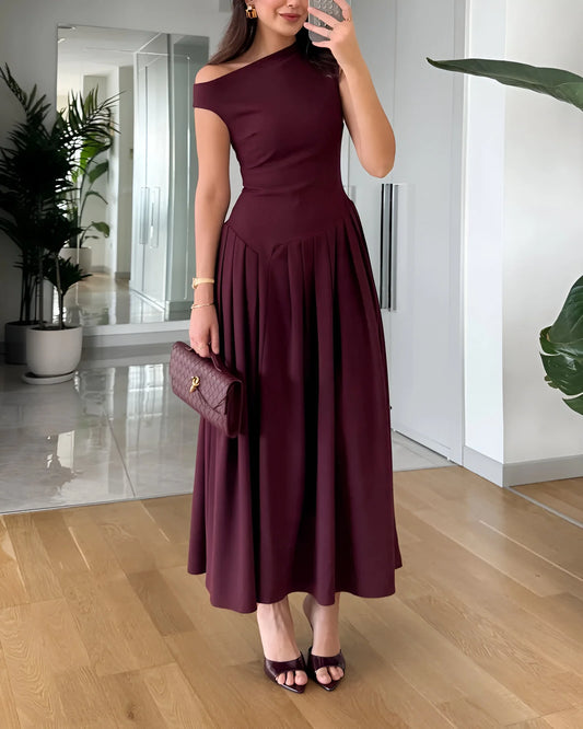 Céleste Asymmetric Pleated Midi Dress