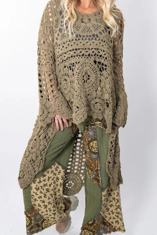 Damska Długa Bluzka z Ażurowym Wzorem