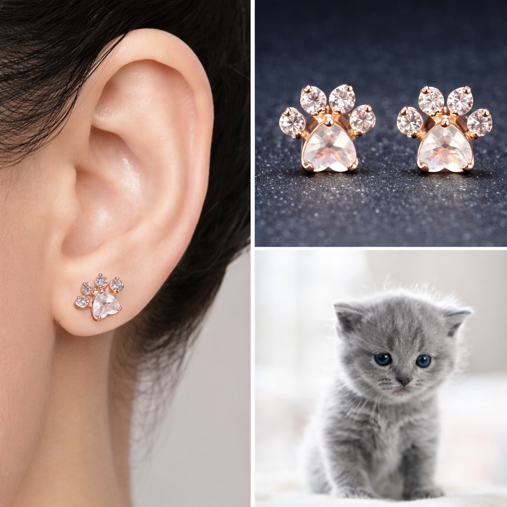 Kolczyki Sztyfty Łapki Kota z Kwarcem Różowym