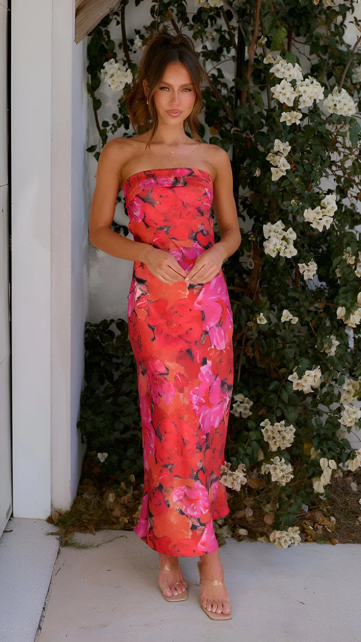 Violette - Floral Printed Backless Satin Dress