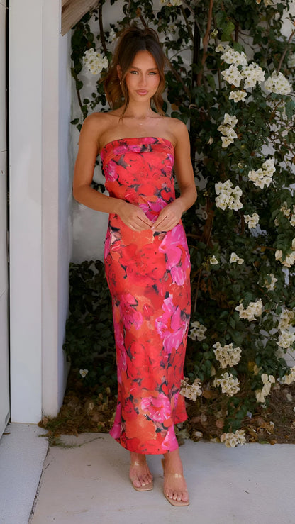 Violette - Floral Printed Backless Satin Dress