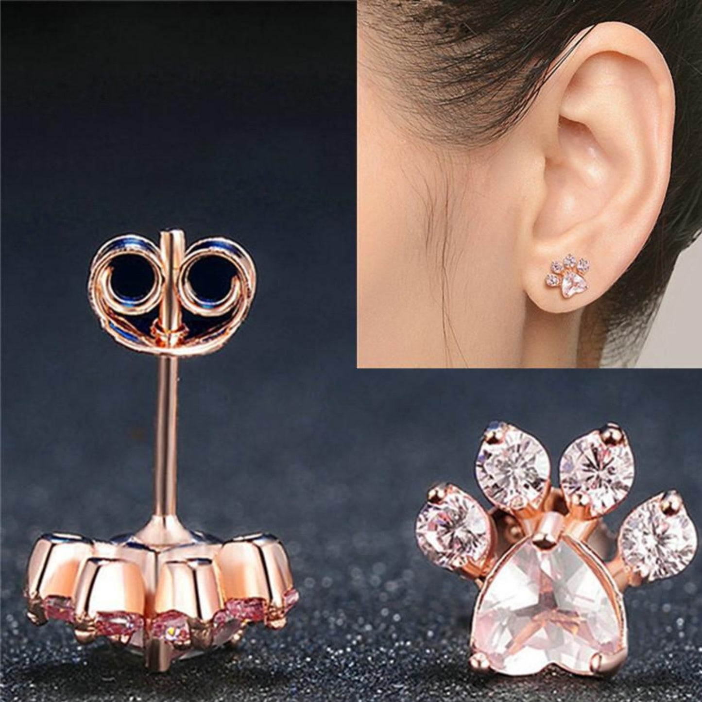 Kolczyki Sztyfty Łapki Kota z Kwarcem Różowym