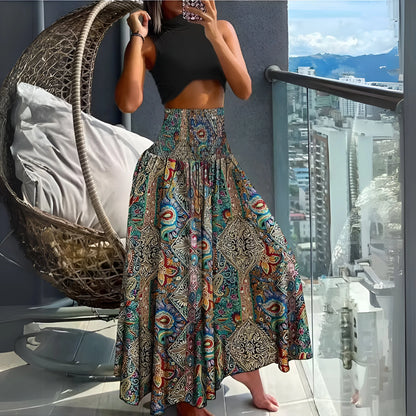 Amélina - Spódnica z wysokim stanem i elastyczną talią w stylu boho w kwiaty