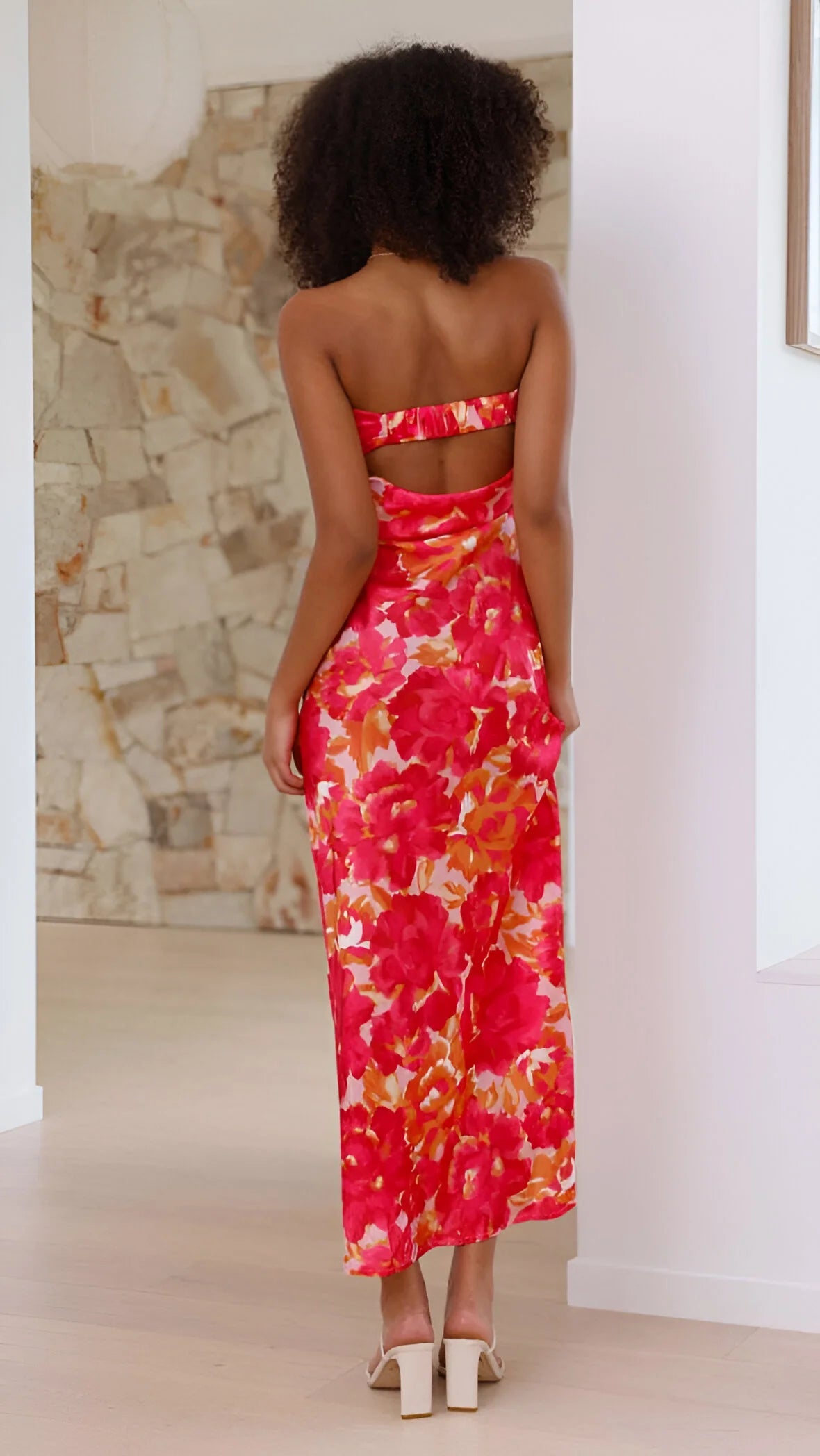 Violette - Floral Printed Backless Satin Dress