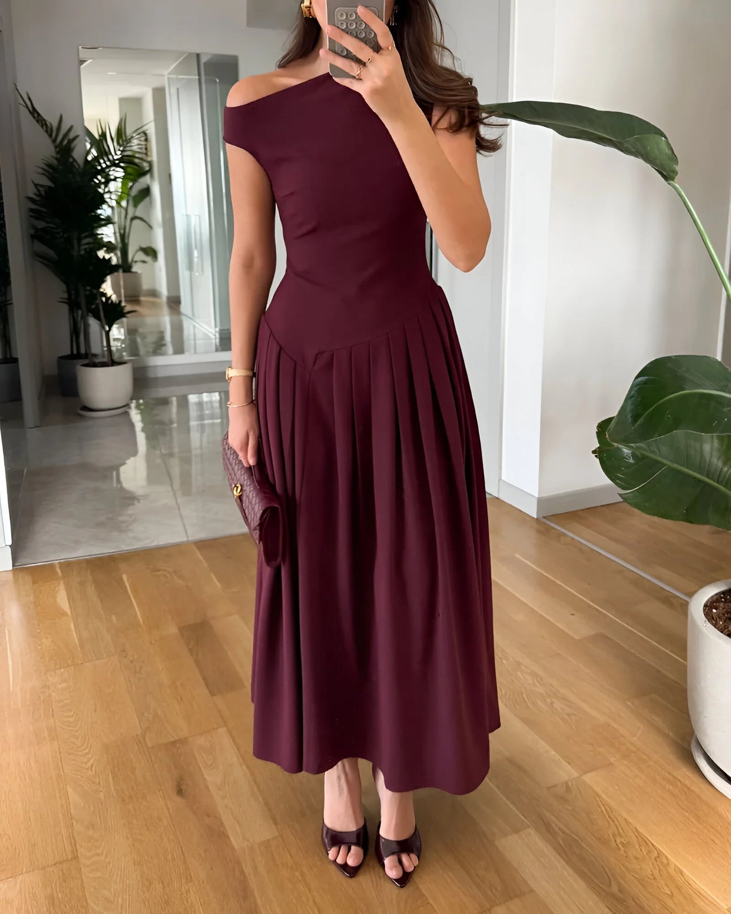 Céleste Asymmetric Pleated Midi Dress