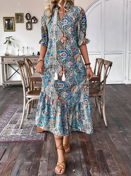 Florine - Printed Bohemian Vacation Midi Dress