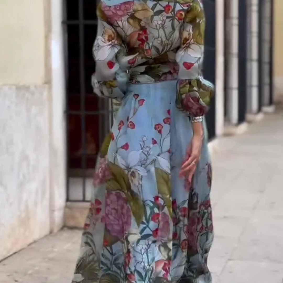 Manon – Retro jedwabny kwiatowy dwuczęściowy zestaw koszuli i spódnicy