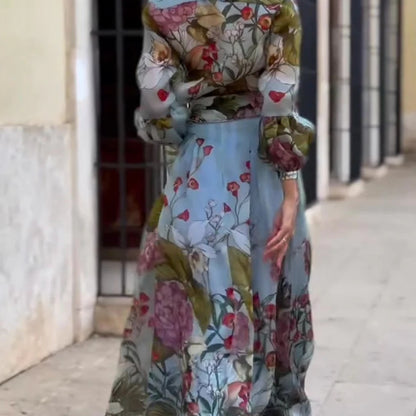 Manon – Retro jedwabny kwiatowy dwuczęściowy zestaw koszuli i spódnicy