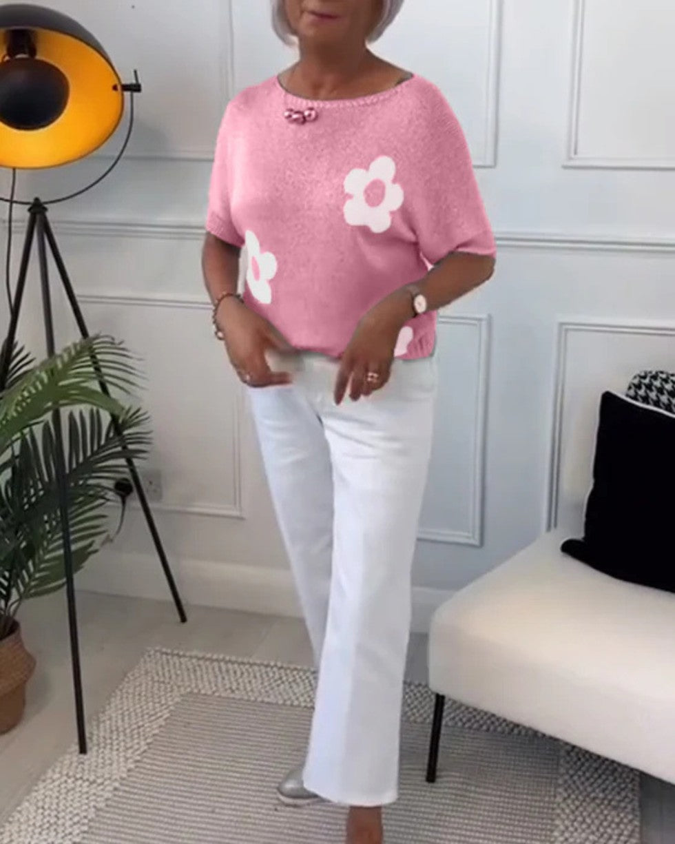 Sweter Damski w Kwiaty Dzianinowy