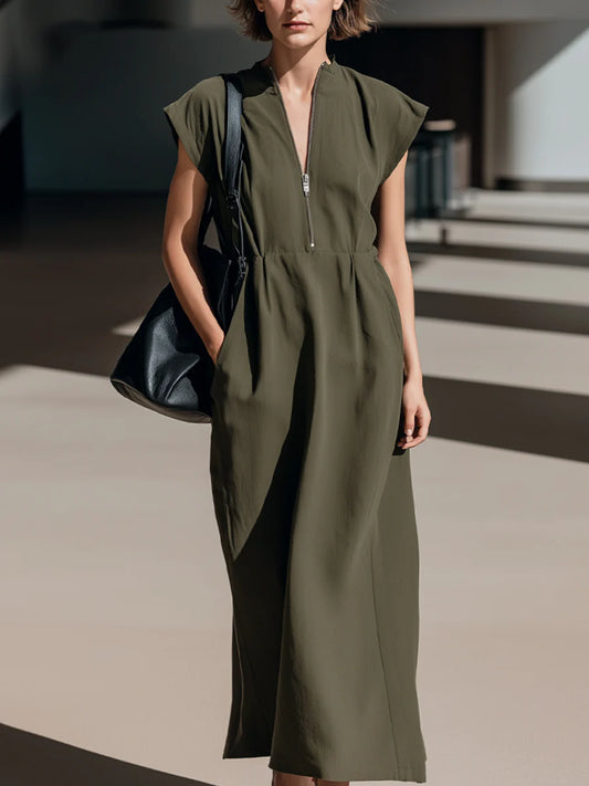Utility-Inspired Olive Green Maxi Dress with Zip Neckline