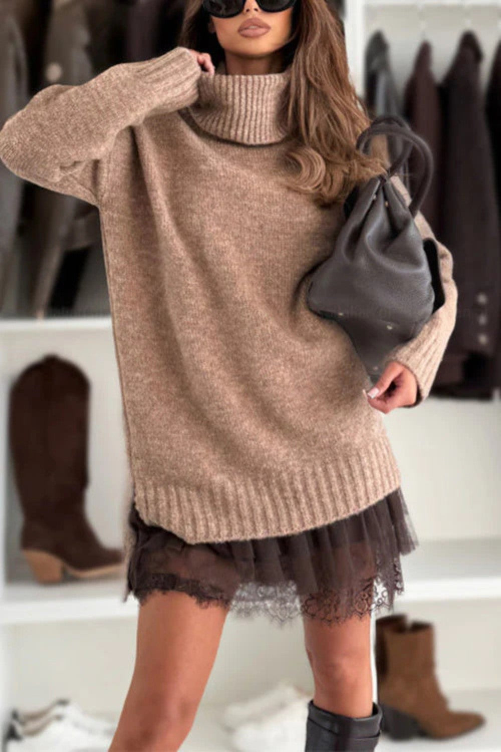 Sweter Casualowy z Golfem i Opadającymi Ramionami