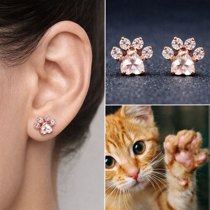 Kolczyki Sztyfty Łapki Kota z Kwarcem Różowym