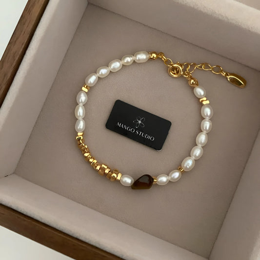 Isabeau - Freshwater Pearl and Tiger Eye Bracelet