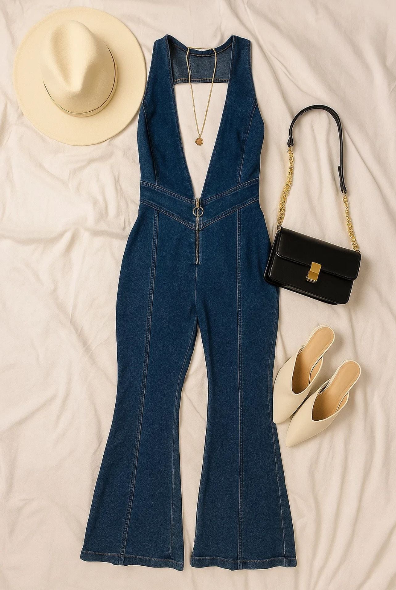 🖤 Élodie – Plunge Neck Zip-Up Denim Jumpsuit