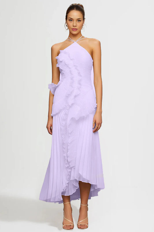 Pleated Halter Midi Dress With Cascading Ruffle Details - Lavender